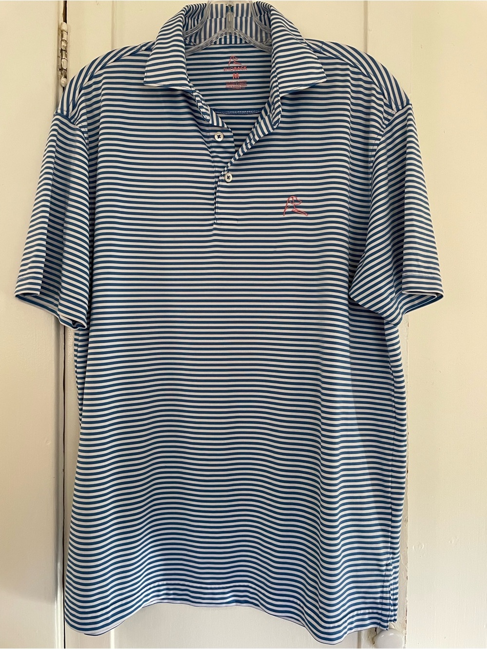 Rhoback Men's Blue and White Stripe Performance Polo medium